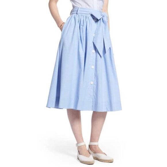 1901 Nordstrom Chambray Button Front Skirt w/ Bow Tie Belt Size 8 Blue Lined EUC - Picture 1 of 7